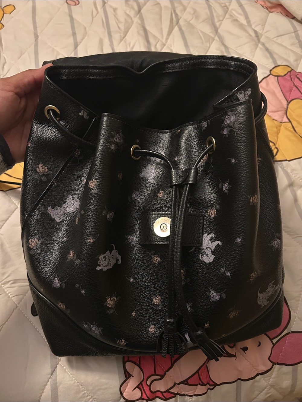 101 Dalmatian Coach Black Leather Backpack with Lavender & Floral Print - Picture 5 of 16